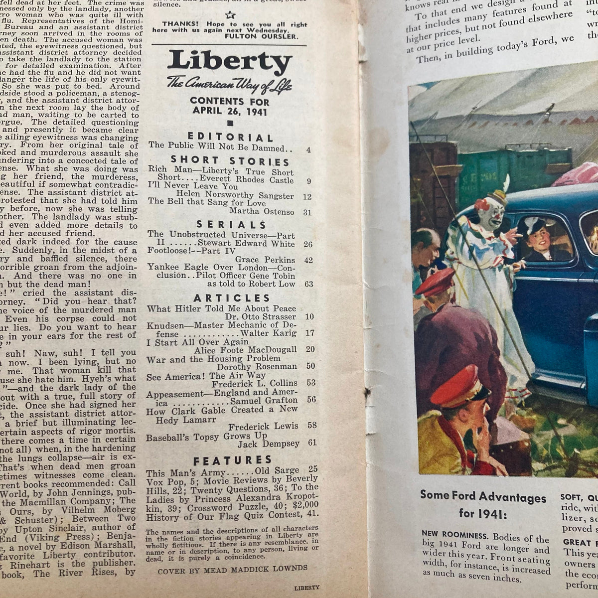 Inside page of Liberty Magazine from April 26, 1941, displaying contents including articles and stories, notably featuring the title 'How Clark Gable Created a New Hedy Lamarr'. The layout reflects the classic magazine style of the era.
