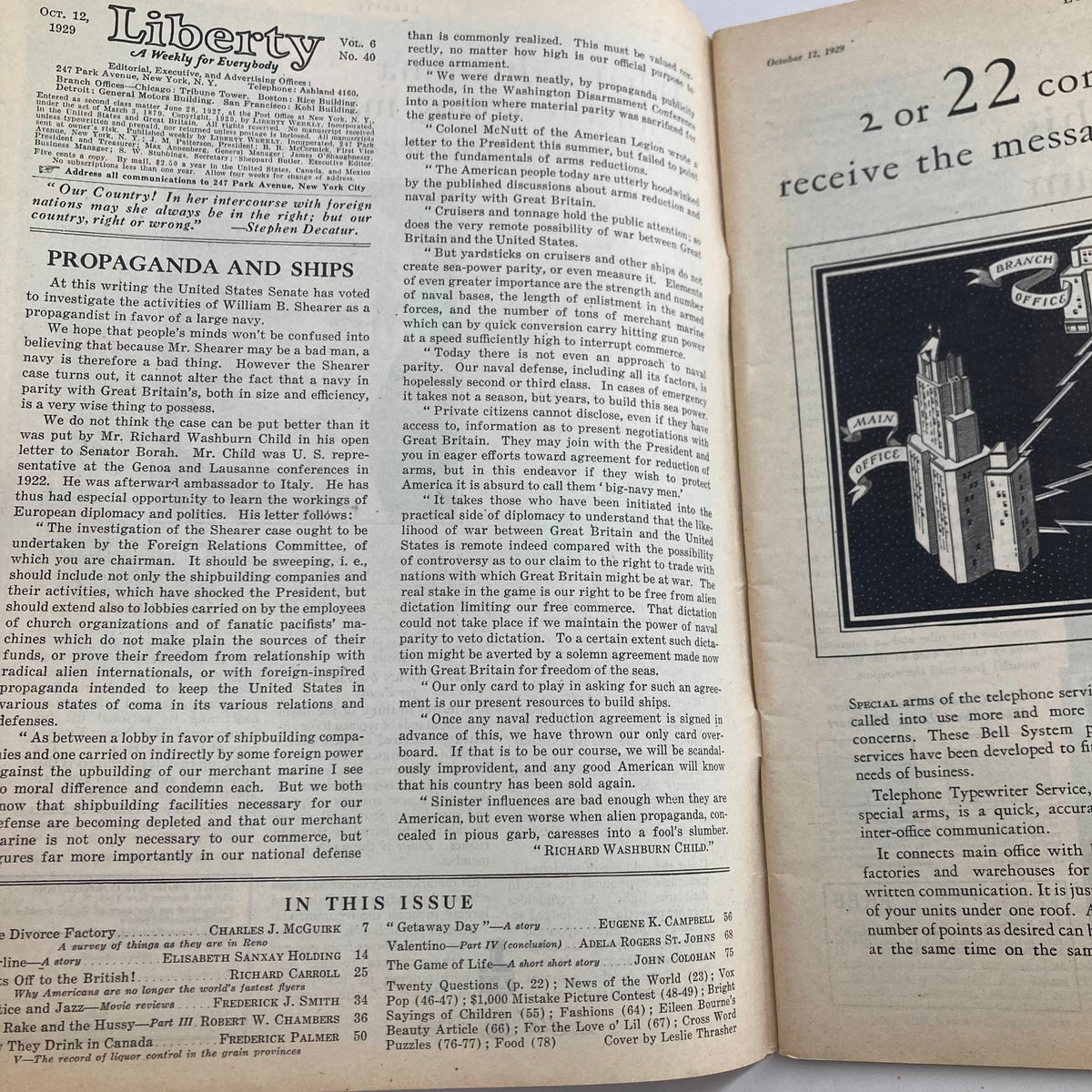 Inside pages of VTG Liberty Magazine from October 12, 1929, Vol 6 No. 40, featuring historical content on propaganda and ships.