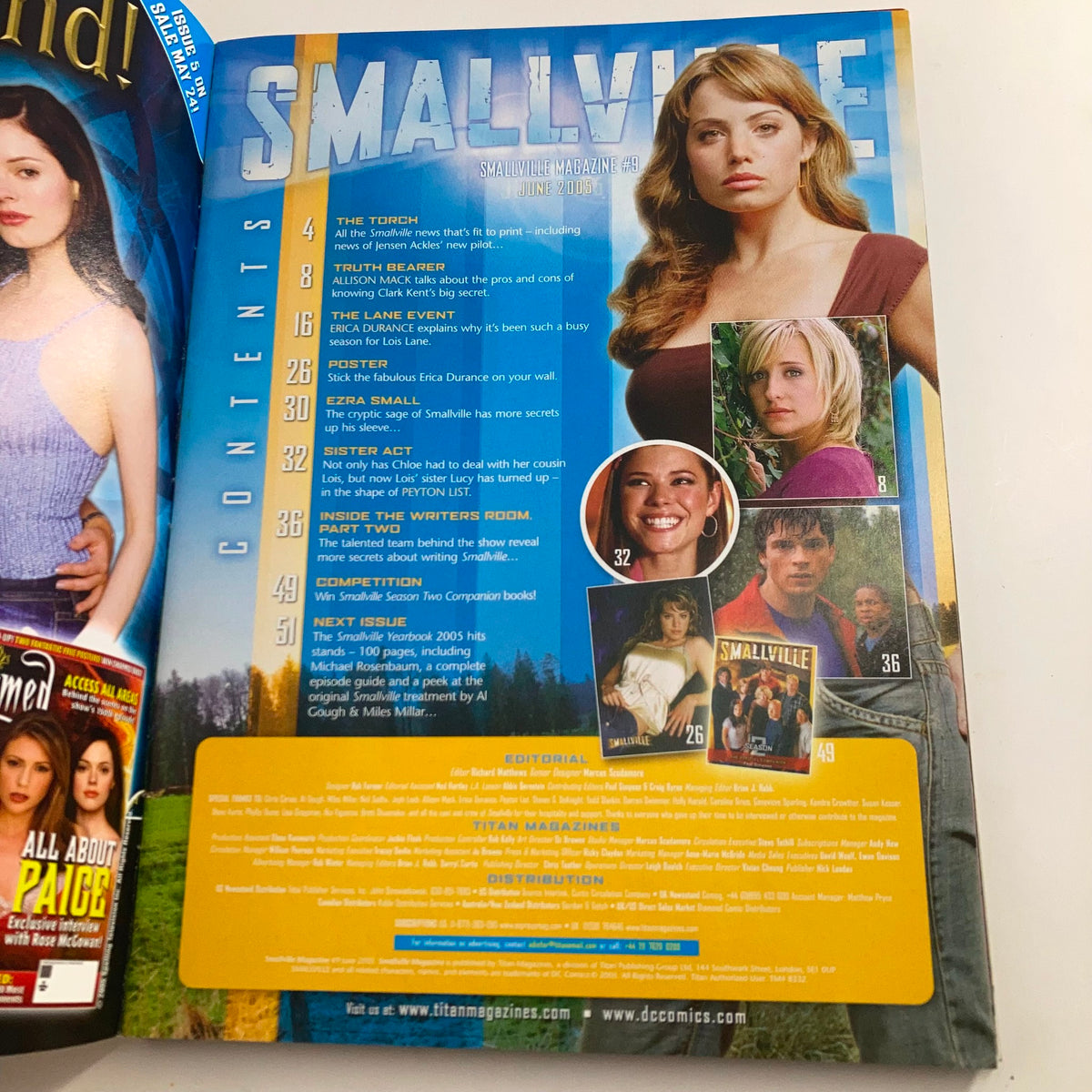 Back cover and contents page of Smallville Magazine June 2005 No. 9 featuring actress Erica Durance and details about the magazine's articles and features. A collectible vintage magazine celebrating the iconic television series, 'Smallville'.