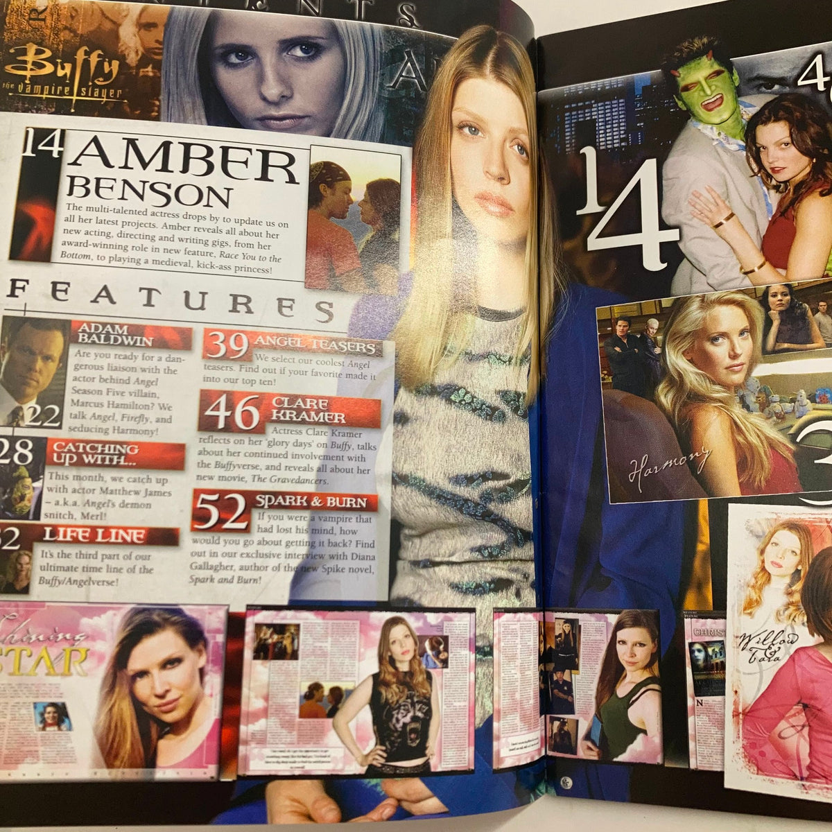 Interior page of Buffy The Vampire Slayer October 2005 Issue 21 showcasing features on Amber Benson and Clare Kramer, along with teasers for upcoming Angel episodes.