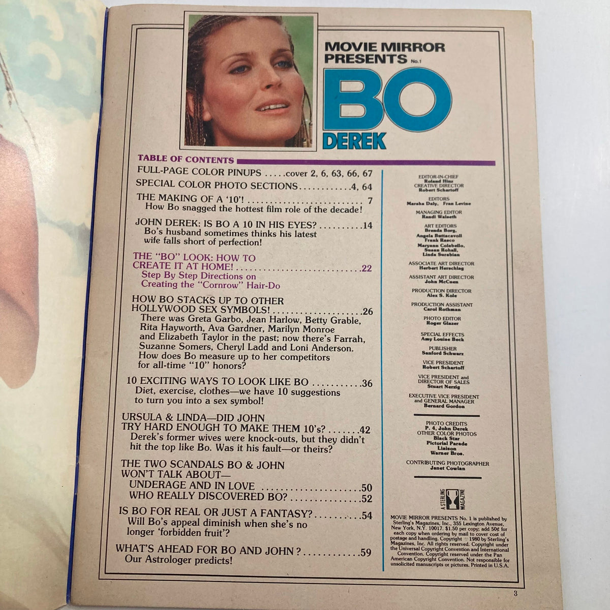 Table of contents page from VTG Movie Mirror Presents 1980 #1 featuring Bo Derek, outlining articles and photo sections related to her and the film 'A Change of Season'.
