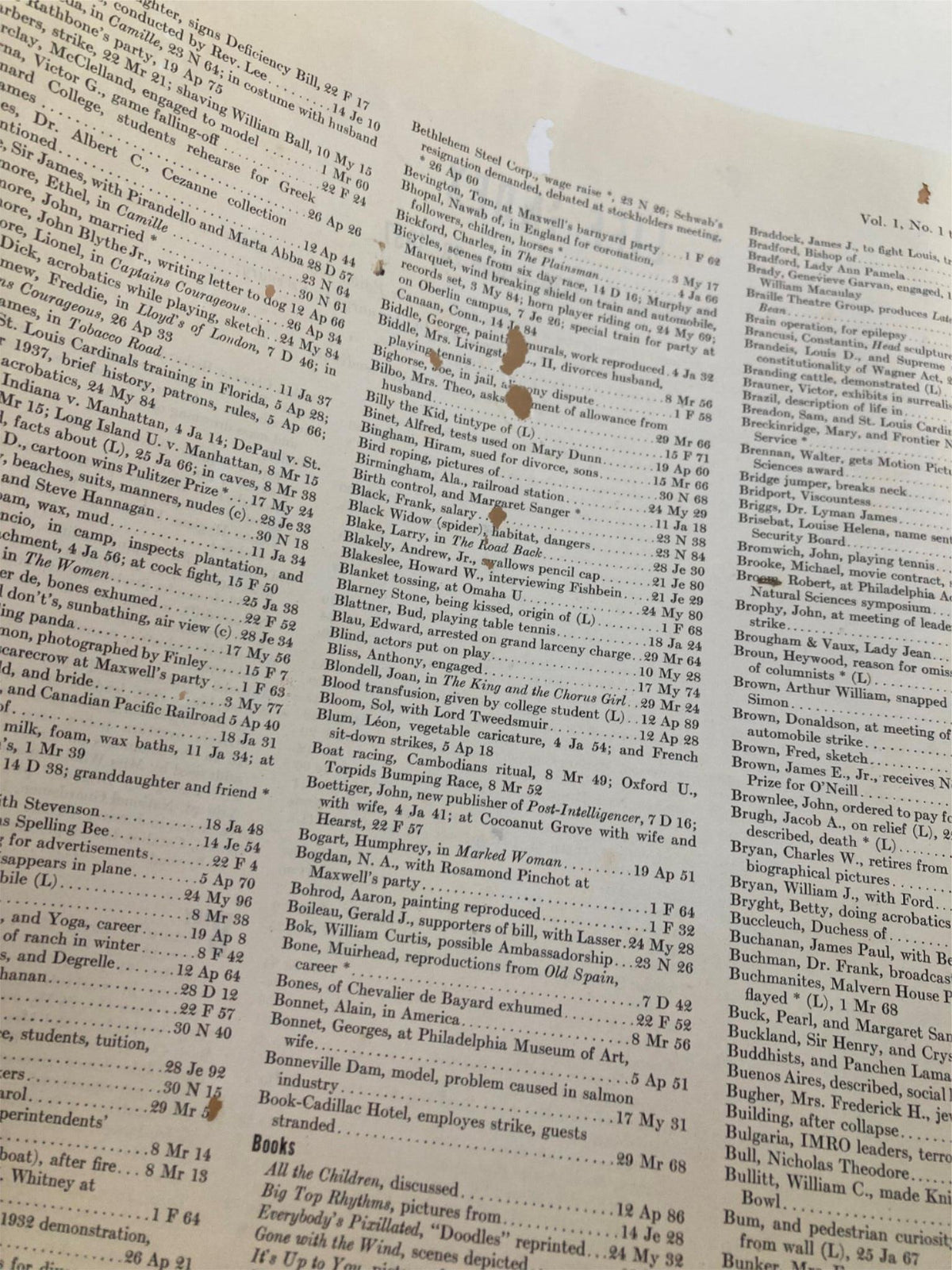 Inside page of VTG 1936 1937 First Issue Bound Life Magazine showing a table of contents with age-related marks.