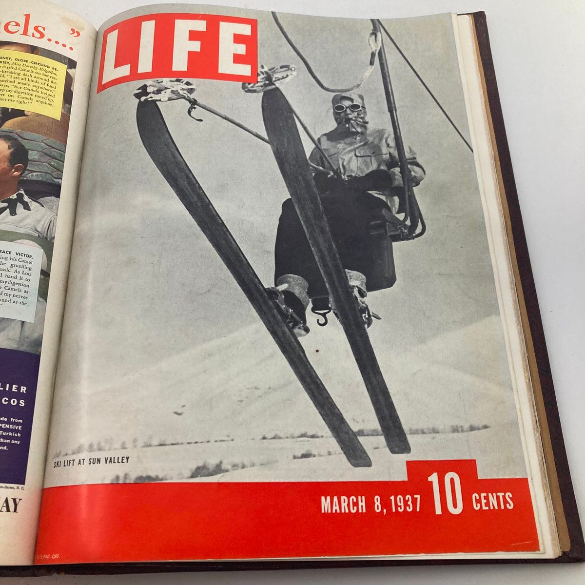 Cover of the VTG 1936-1937 First Issue Bound Life Magazine depicting a ski lift in Sun Valley, dated March 8, 1937.