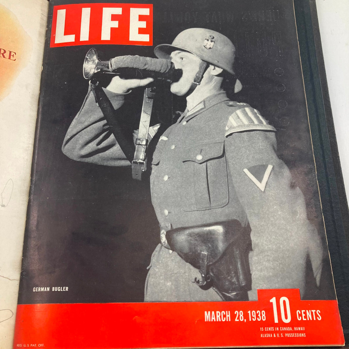 Cover of VTG 1938 Bound LIFE Magazine, featuring a German bugler from March 28, 1938, showcasing historical imagery and design.