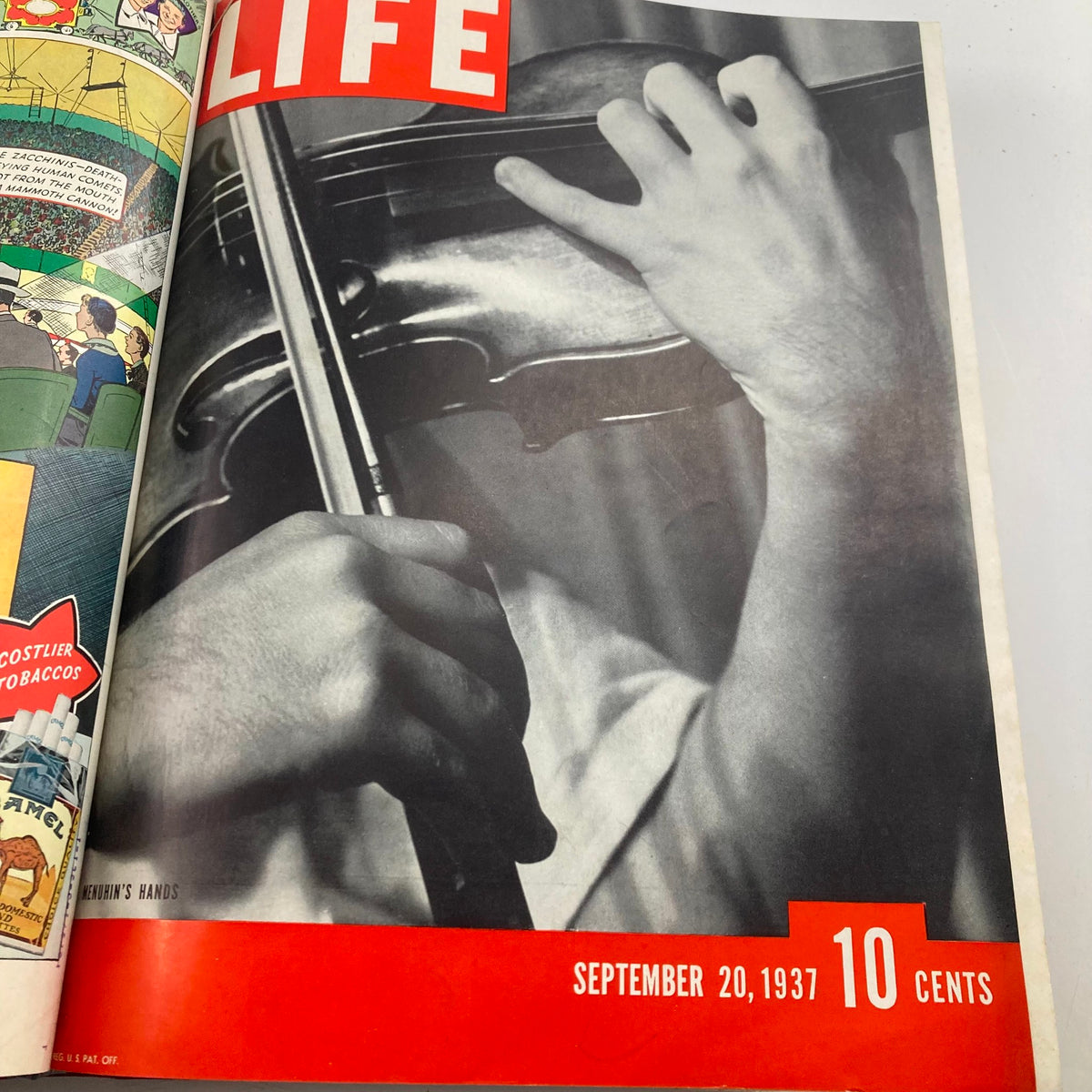 Cover of VTG 1937 Bound Life Magazine from September 20, 1937, featuring Yehudi Menuhin's hands playing the violin, capturing classic arts.