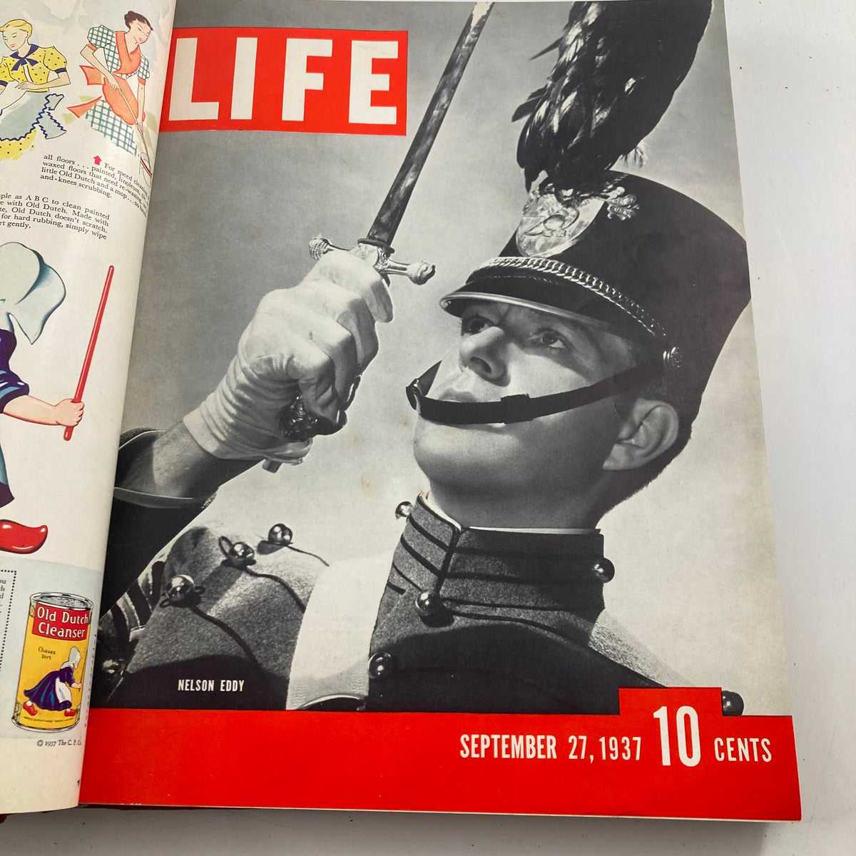 Cover of VTG 1937 Bound Life Magazine from September 27, 1937, featuring tenor Nelson Eddy in a military uniform, reflecting cultural history.