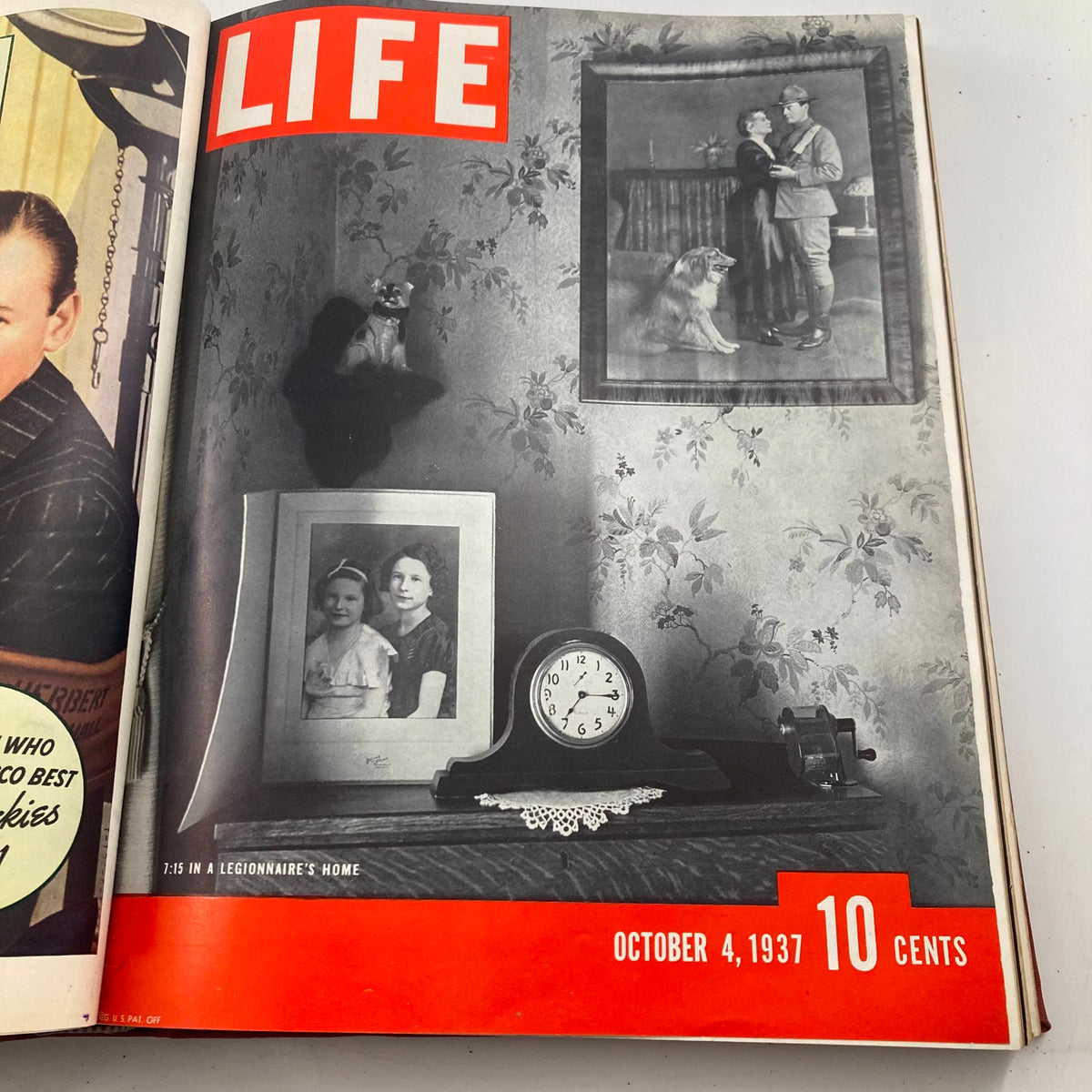 Cover page of VTG 1937 Bound Life Magazine showcasing a serene display in a legionnaire's home, featuring family photographs and a clock, dated October 4, 1937.