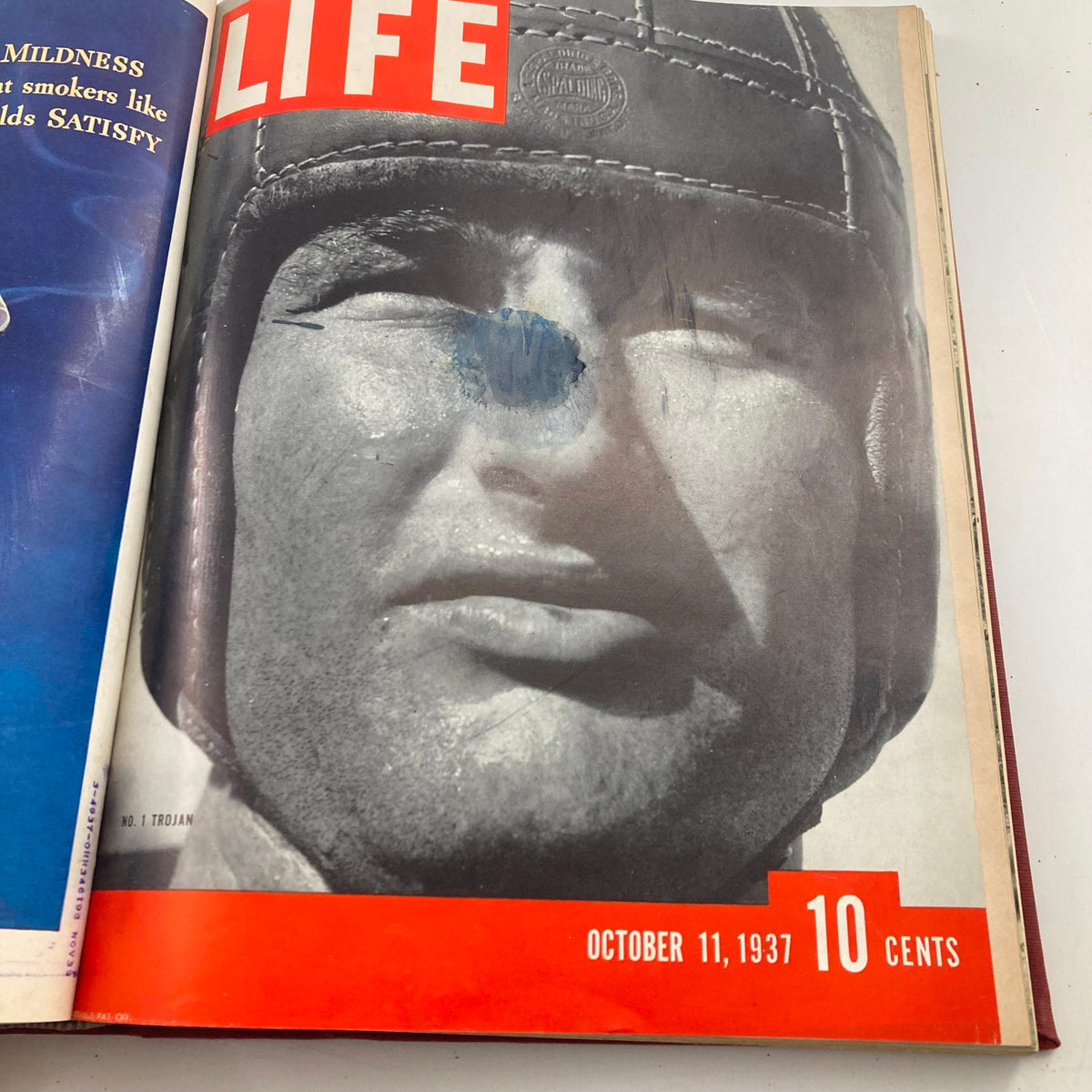 Cover of VTG 1937 Bound Life Magazine featuring a close-up of a man in a sports helmet, illustrating sports culture, dated October 11, 1937.
