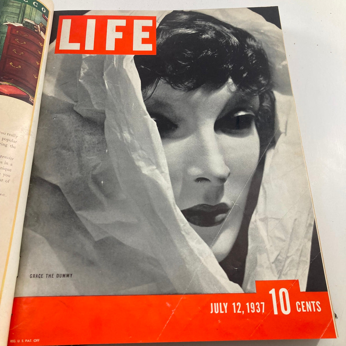 Cover of VTG 1937 Bound Life Magazine July 12 featuring Grace the Dummy, showcasing vintage photography and advertisements.