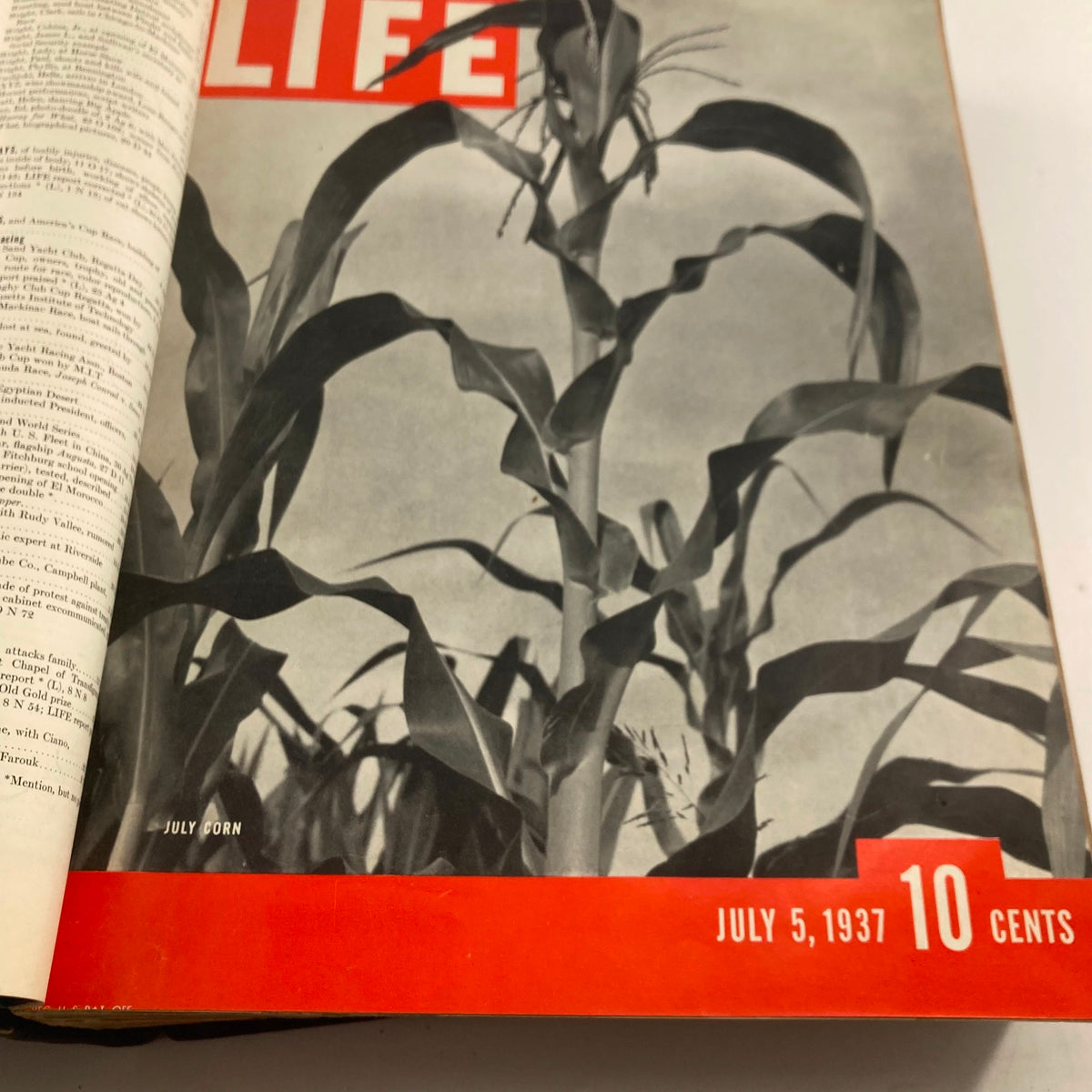 Open page of the VTG 1937 Bound Life Magazine displaying the cover for July 5, 1937, featuring a striking image of corn.