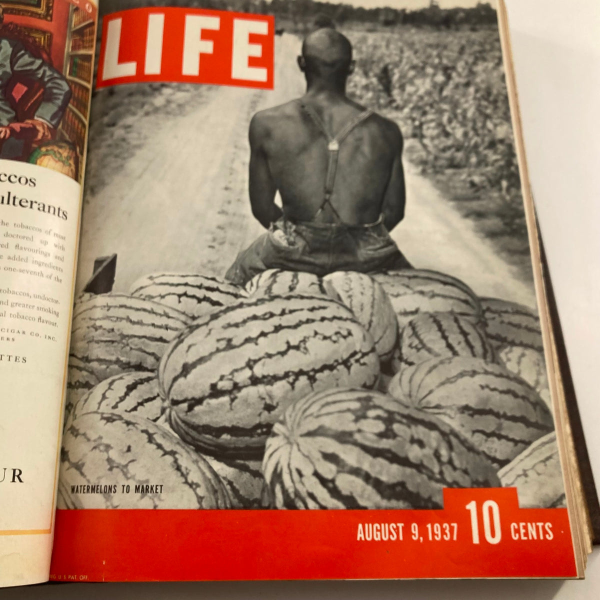 VTG 1937 Bound Life Magazine Cover depicting a farmer sitting near watermelons, dated August 9, 1937.