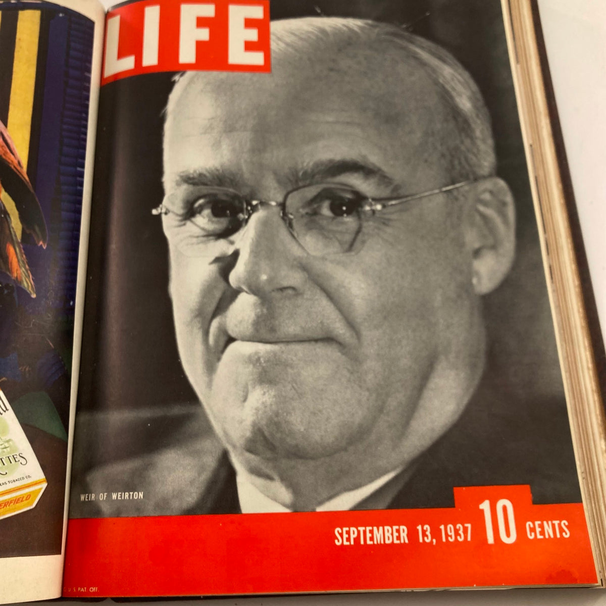 Cover of the VTG 1937 Bound Life Magazine for September 13, 1937, featuring a portrait of Weir of Weirton, showcasing significant figures in American industry.