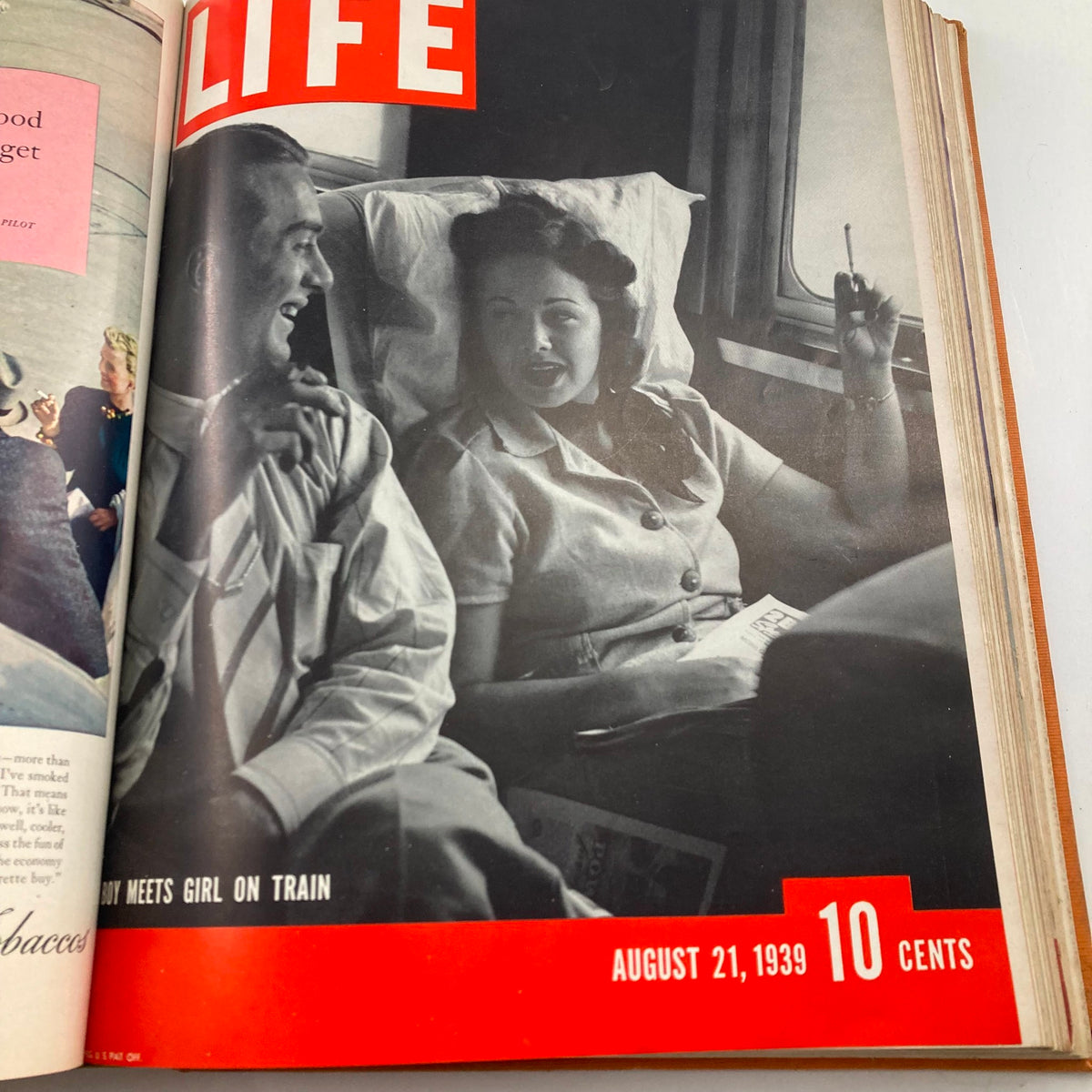 Vintage 1939 Bound Life Magazine - July to September showcasing a conversation on a train with couple on cover dated August 21, 1939.