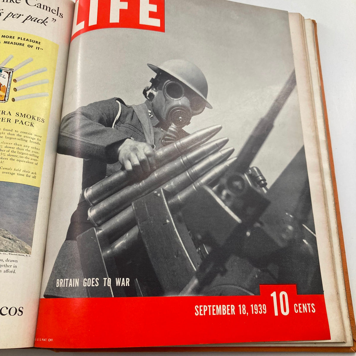 Cover of Vintage 1939 Bound Life Magazine, September 18 issue, featuring a soldier in a gas mask with a caption 'Britain Goes to War'.