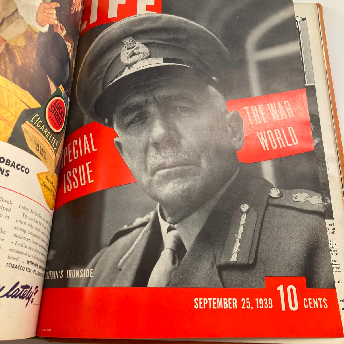 Cover of Vintage 1939 Bound Life Magazine, September 25 issue, showcasing a portrait of a military leader with the title 'Britain's Ironside'.