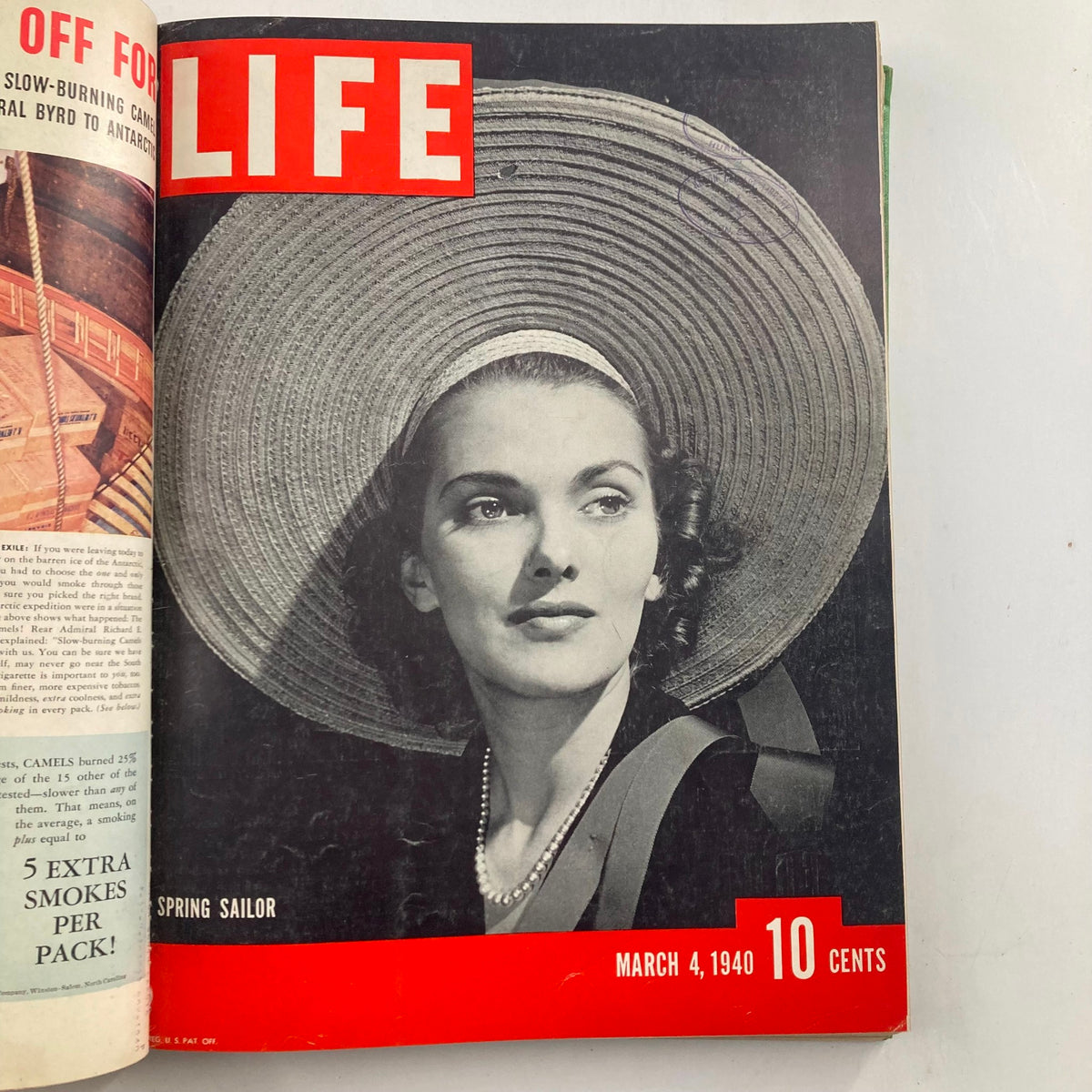 1940 Bound LIFE Magazine cover for March 4 presenting a woman wearing a large straw hat, representative of 1940s fashion trends.