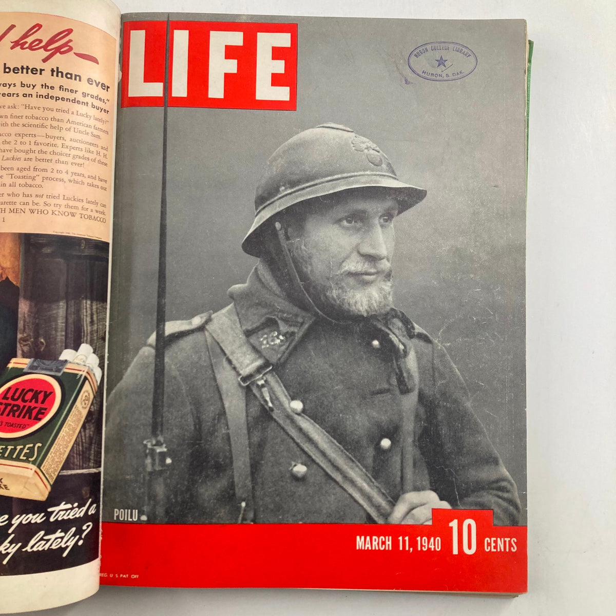 1940 Bound LIFE Magazine cover for March 11 featuring a soldier in a historical military uniform, reflecting wartime themes prevalent in early 1940.