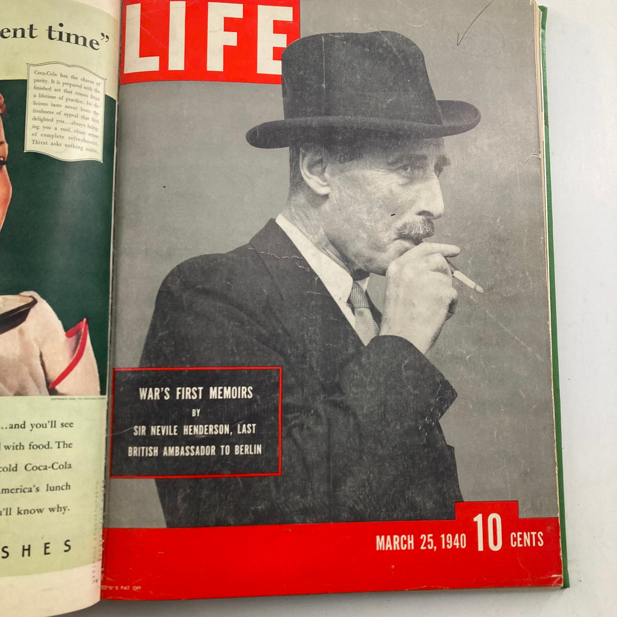 Vintage LIFE Magazine cover from March 25, 1940, featuring Sir Neville Henderson, the last British ambassador to Berlin, part of the VTG 1940 Bound LIFE Magazine collection.