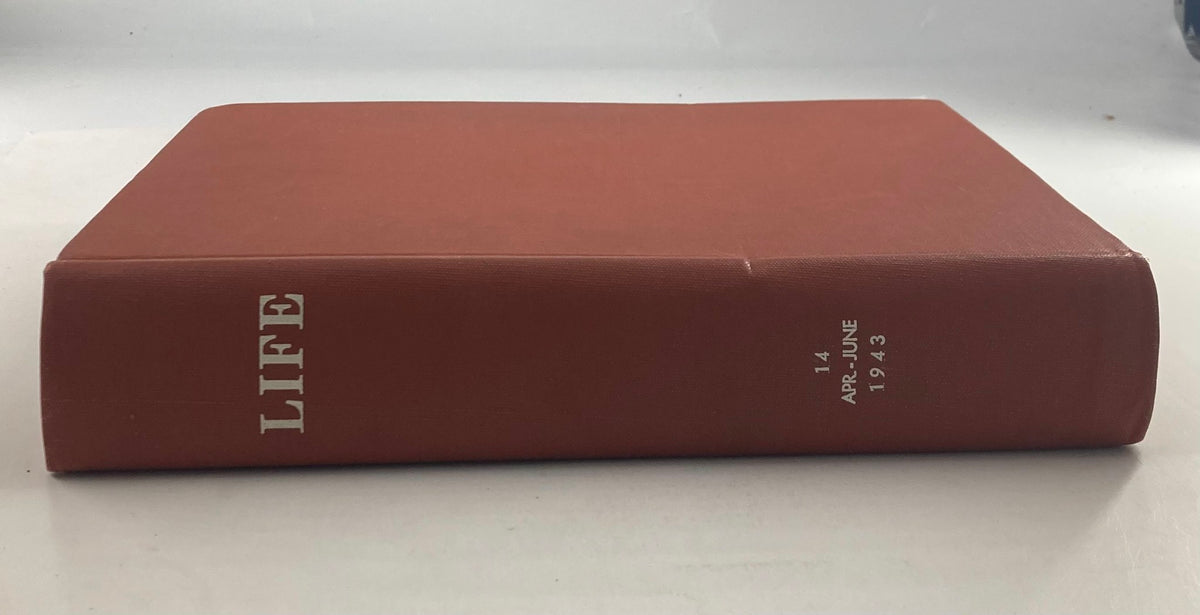 VTG 1943 Bound Life Magazine April - June showcasing the spine of the collected issues, including the years '1943' and 'April-June' on a vintage red cover.
