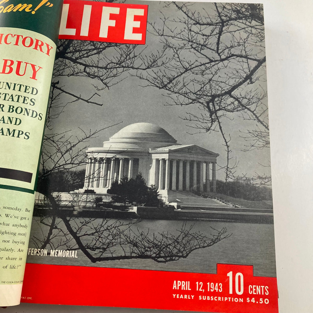VTG 1943 Bound Life Magazine April - June displaying the cover of the April 12, 1943 issue with an iconic image of the Jefferson Memorial.