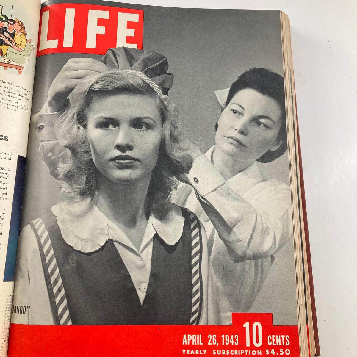 Cover of the VTG 1943 Bound Life Magazine featuring a hairstyling scene from April 26, 1943, showcasing 1940s fashion and style.