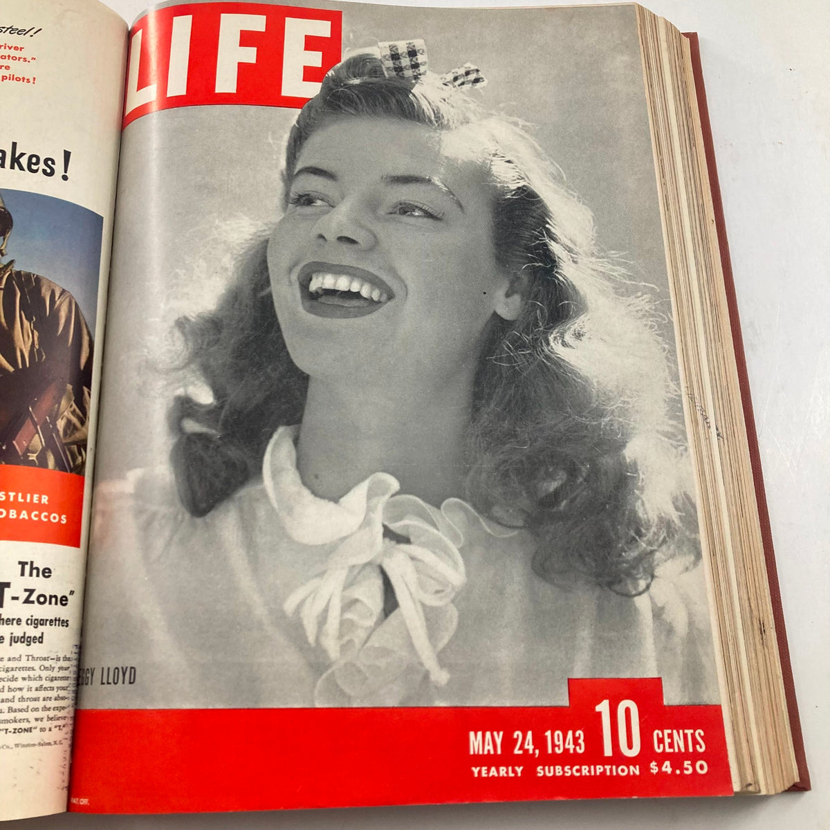 Cover of the VTG 1943 Bound Life Magazine featuring a smiling model from May 24, 1943, celebrating 1940s beauty and charm.