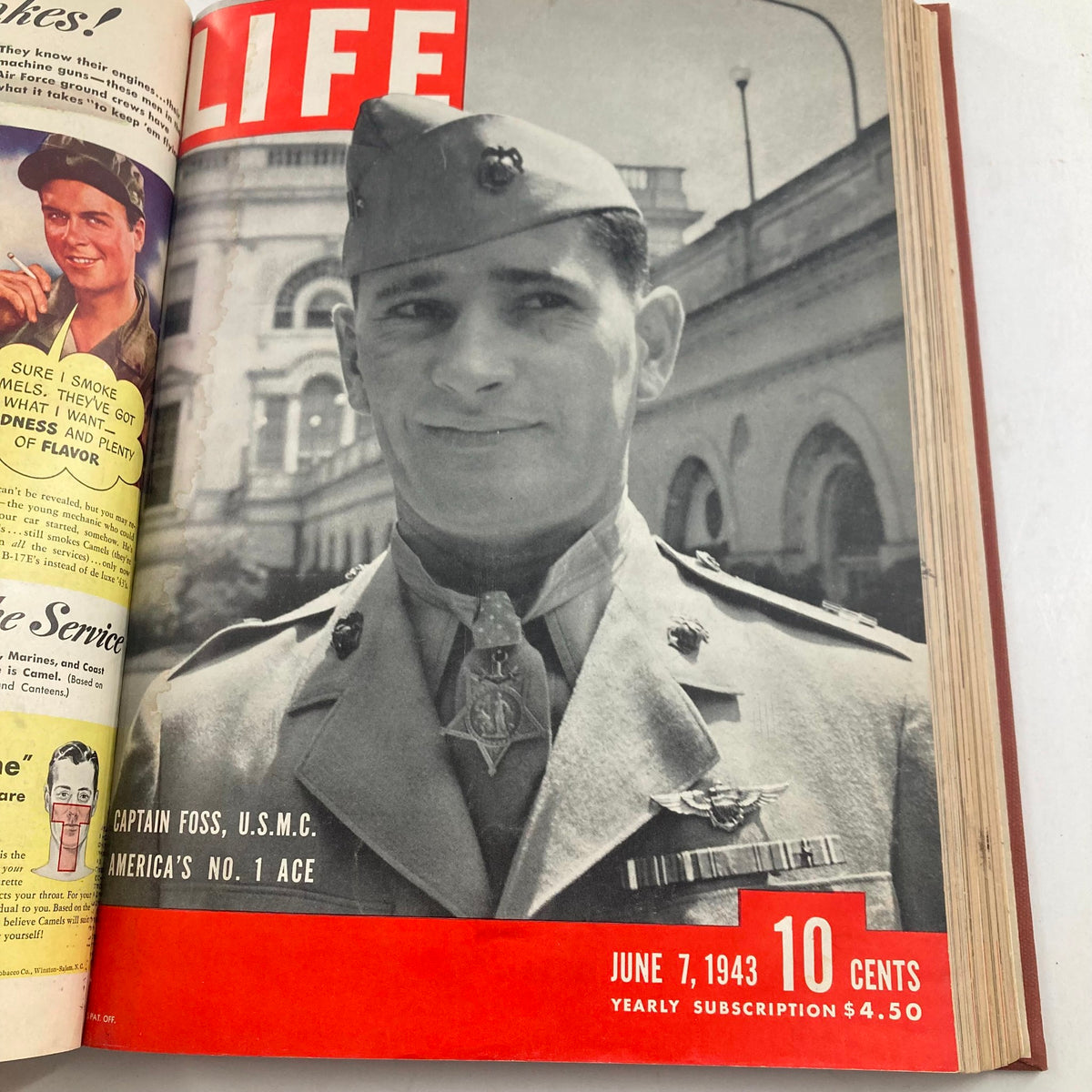 Vintage 1943 Bound Life Magazine Collection showcasing Captain Joe Foss, U.S.M.C., on the cover of the June 7, 1943 issue.