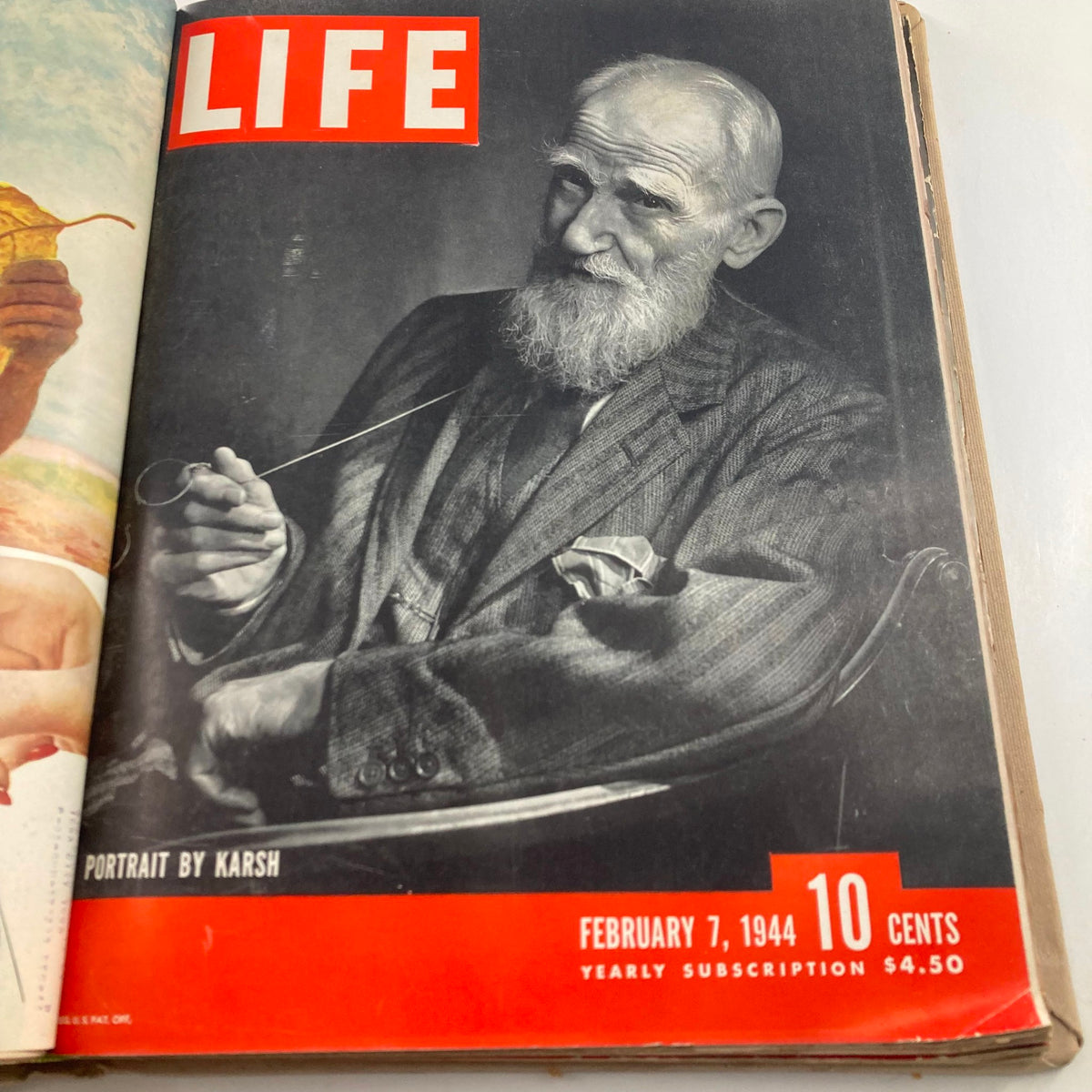 Cover of VTG 1944 Bound Life Magazine presenting George Bernard Shaw, portrait by Karsh, dated February 7, 1944.