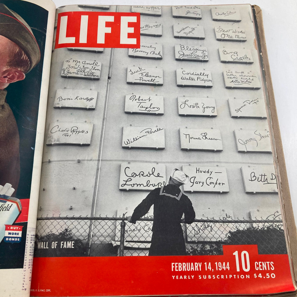 Cover of VTG 1944 Bound Life Magazine featuring the Wall of Fame, dated February 14, 1944.