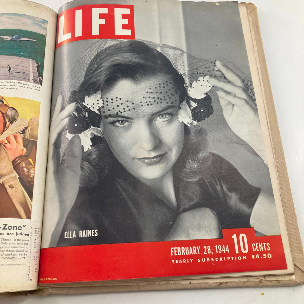Cover of VTG 1944 Bound Life Magazine showcasing Ella Raines with a stylish hat from February 28, 1944.
