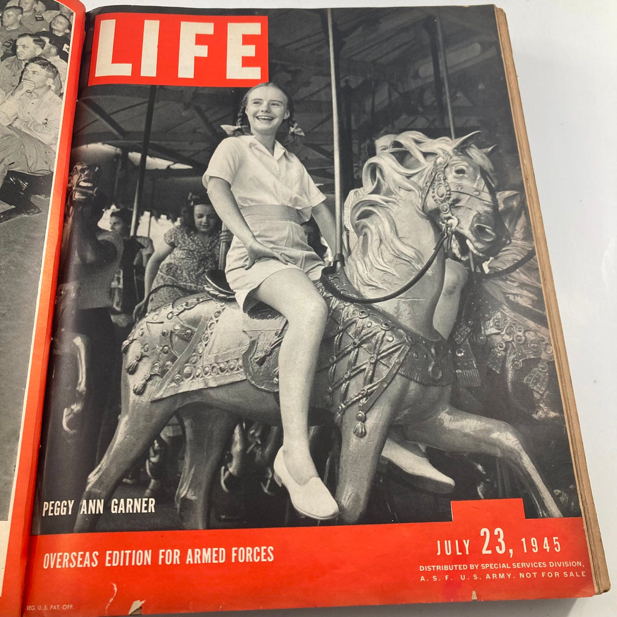 Inside page of VTG 1945 Bound Life Magazine displaying the cover of the July 23, 1945 issue featuring Peggy Ann Garner on a carousel.