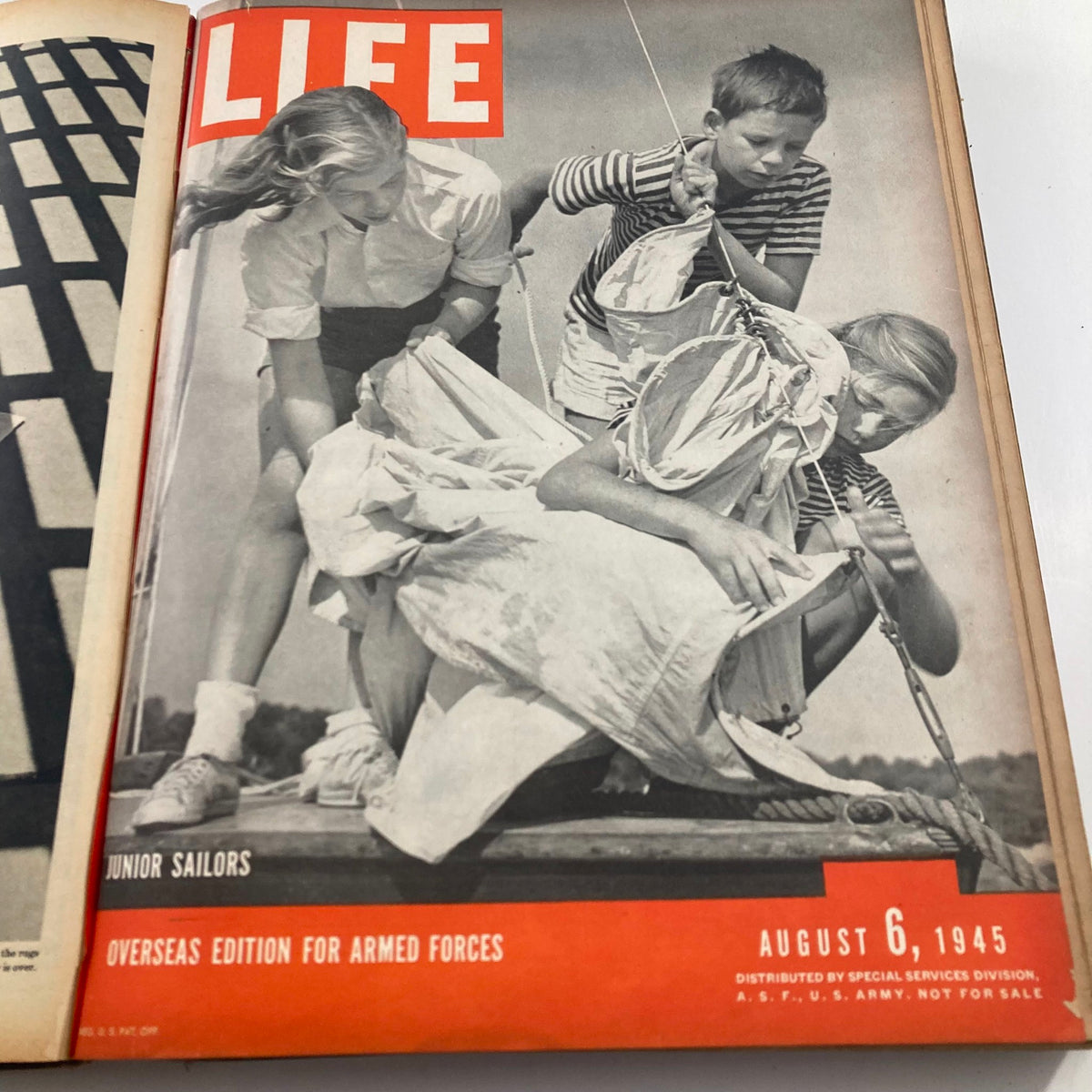 Inside page of VTG 1945 Bound Life Magazine featuring the cover of the August 6, 1945 issue with junior sailors engaged in activities.