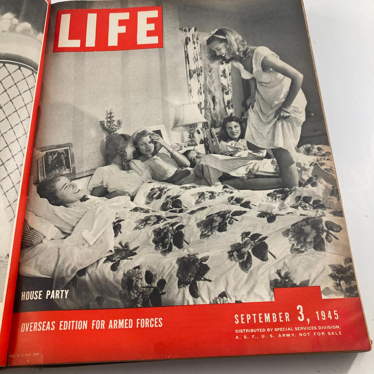 Cover of the VTG 1945 Bound Life Magazine, September 3, 1945 issue titled 'House Party', depicting a group of young adults in a bedroom setting.