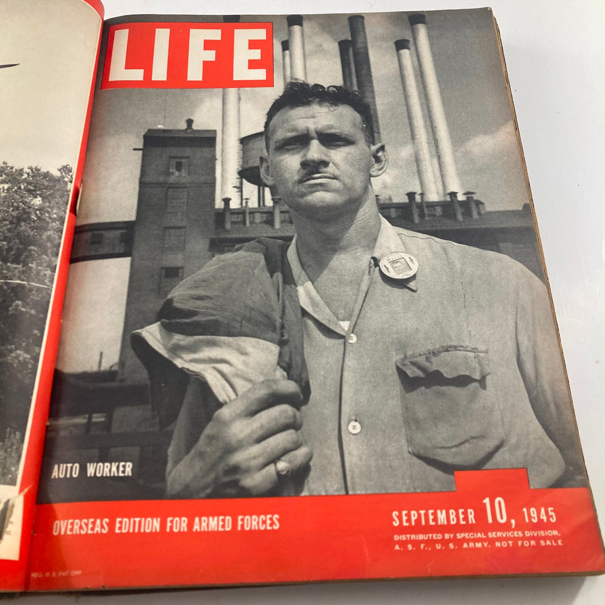 Cover of the VTG 1945 Bound Life Magazine, September 10, 1945 issue featuring 'Auto Worker', highlighting a factory worker in an industrial setting.