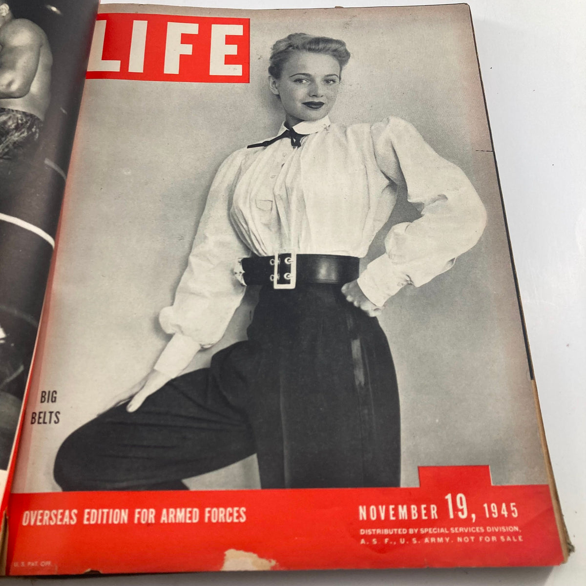 Cover of VTG 1945 Bound Life Magazine, November 19, showcasing a model in a fashion photo with big belts.