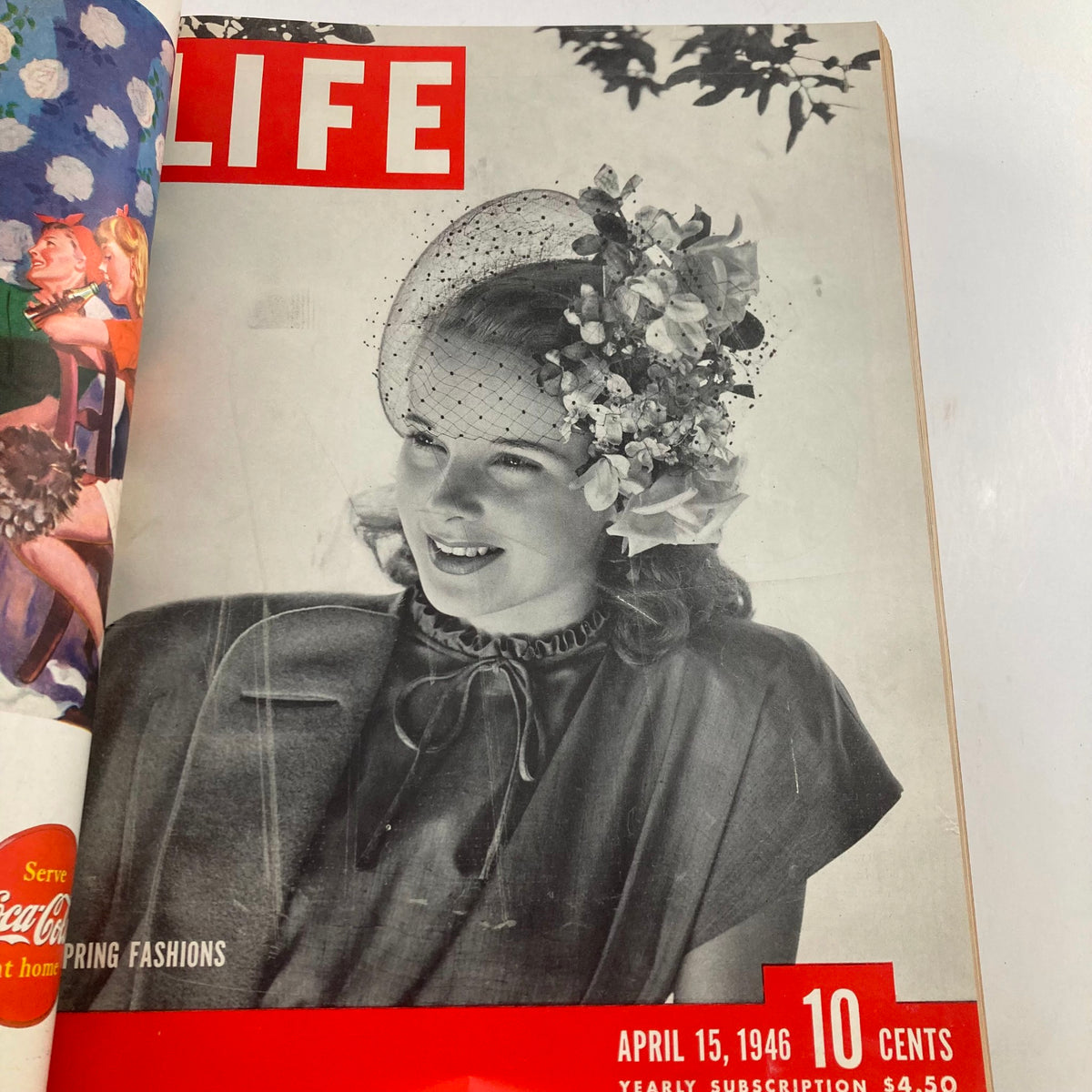 Cover of VTG 1946 Bound Life Magazine from April 15, 1946, displaying spring fashion with a woman wearing a floral bonnet.