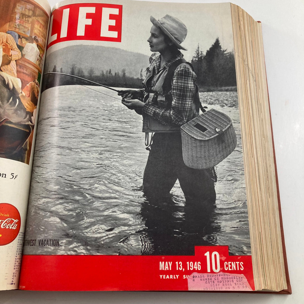 Cover of VTG 1946 Bound Life Magazine depicting a woman fishing in a river, dated May 13, 1946.