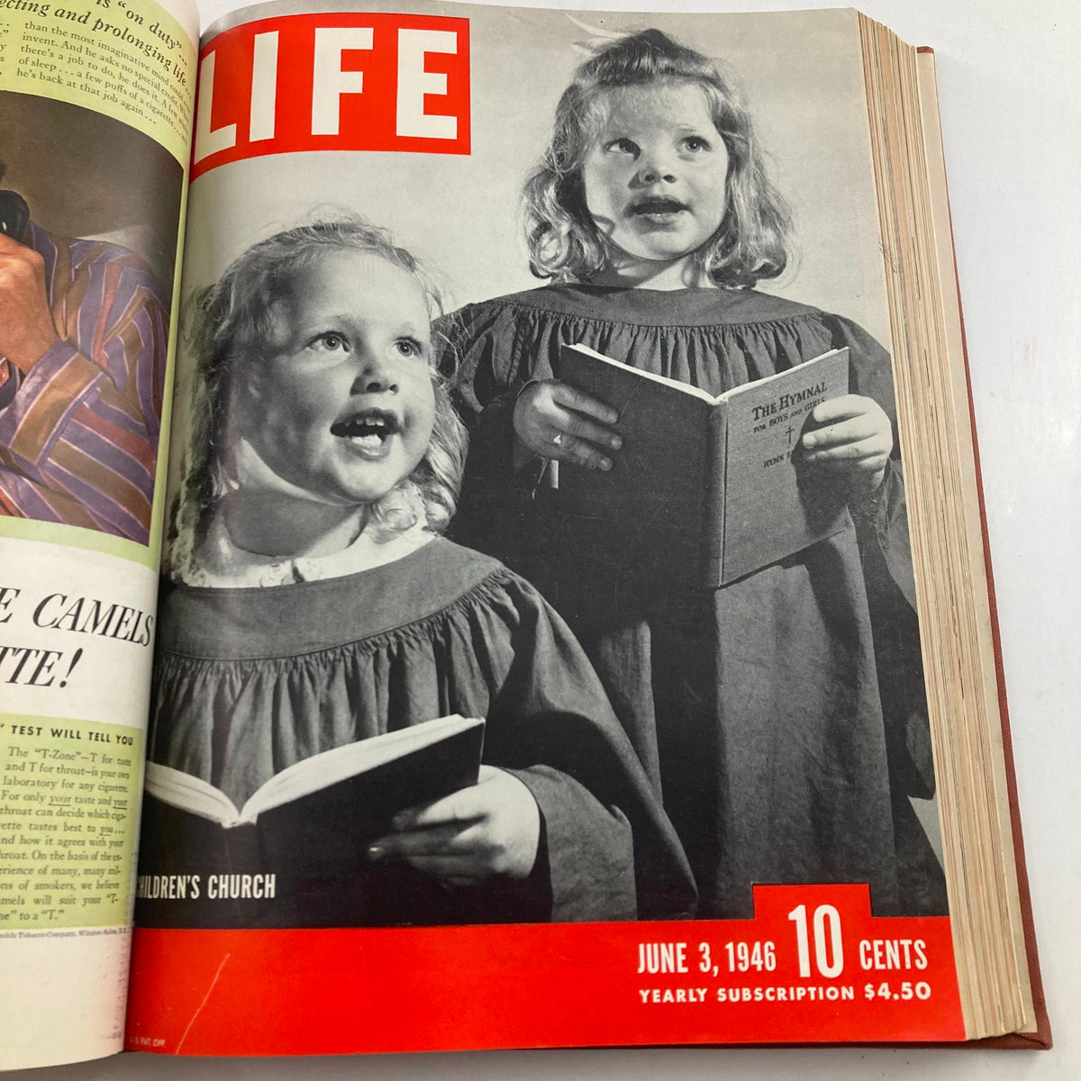 VTG 1946 Bound Life Magazine cover featuring two young girls singing in choir robes, dated June 3, showcasing childhood themes and nostalgia.