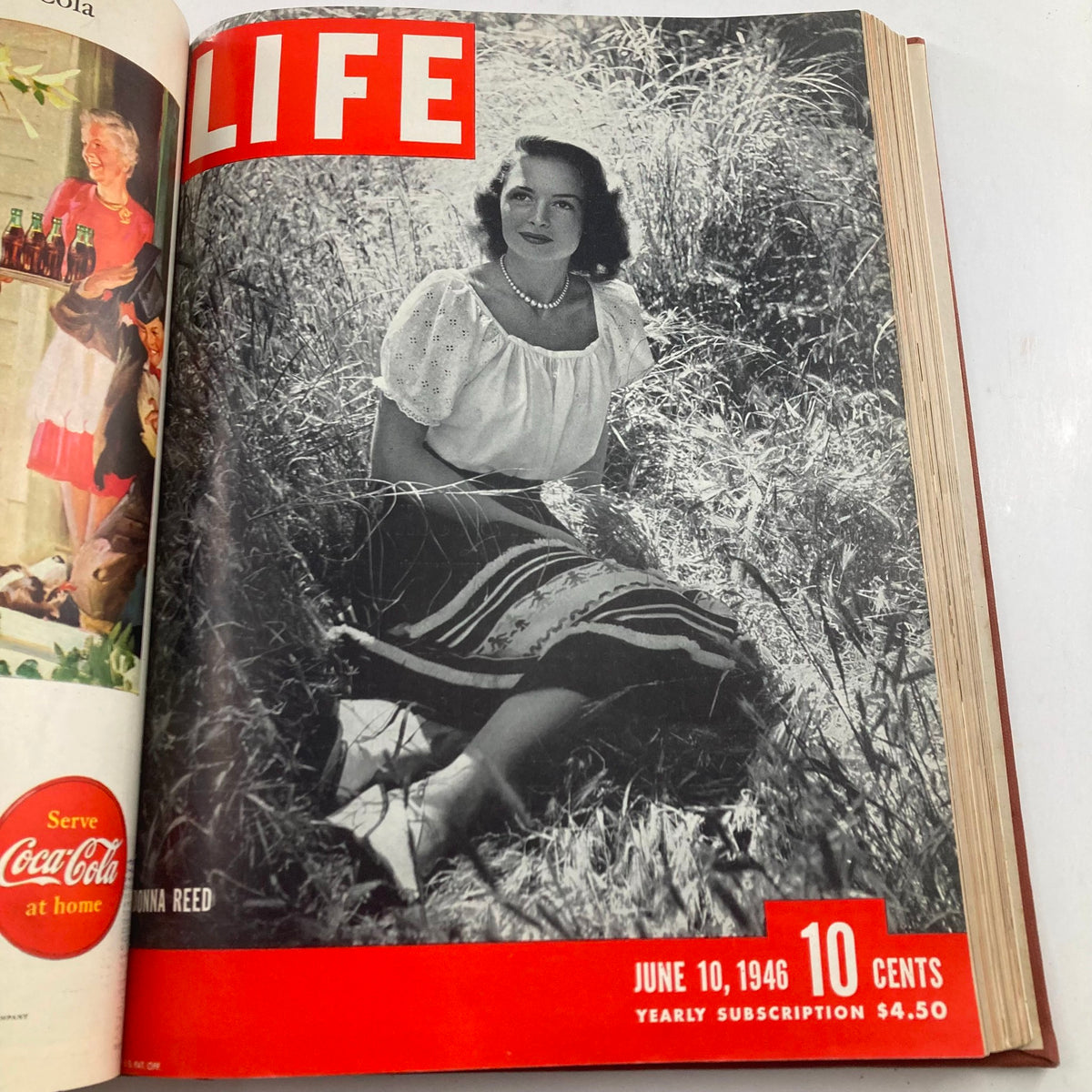 VTG 1946 Bound Life Magazine cover featuring actress Donna Reed seated in a field, dated June 10, representing mid-20th century American fashion.
