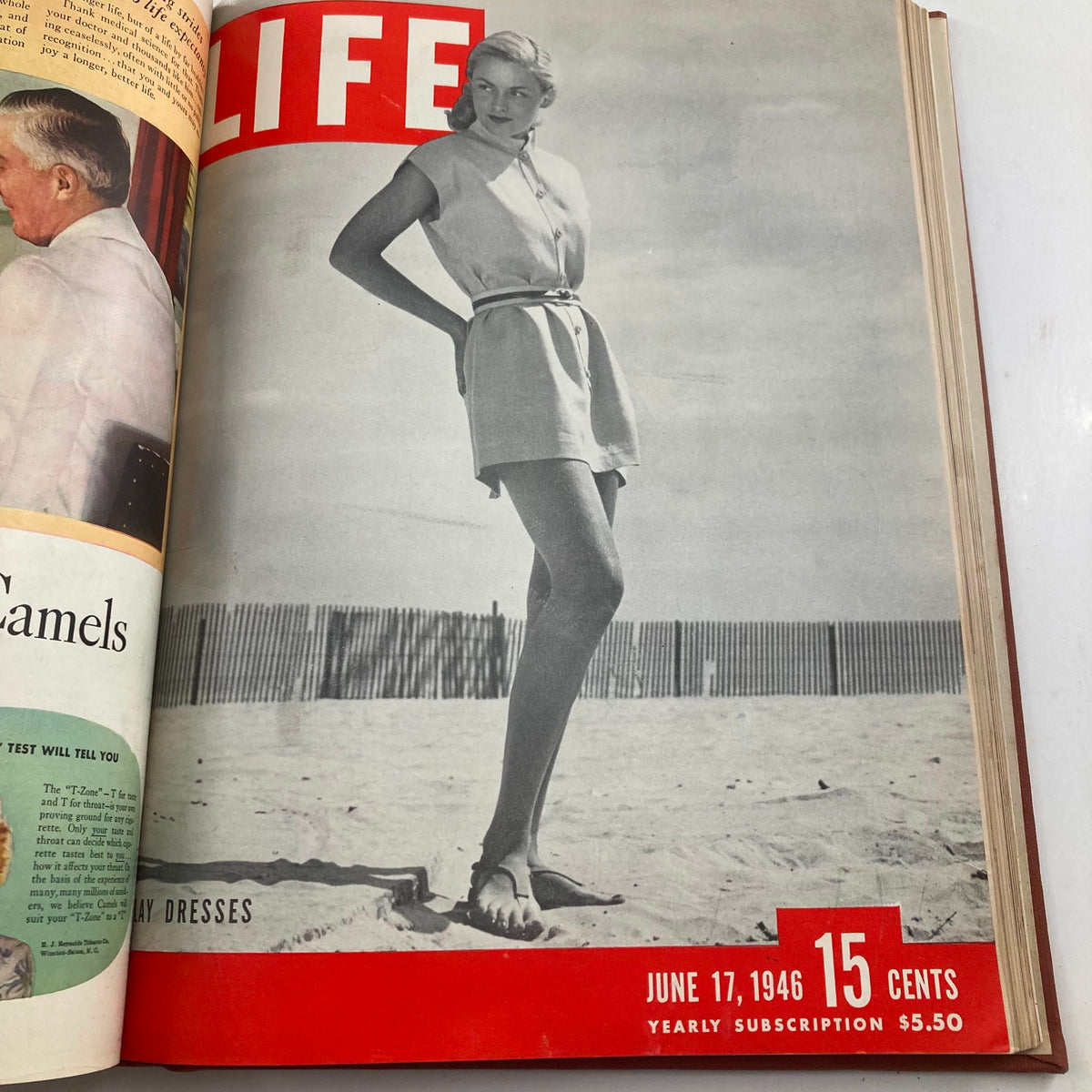 VTG 1946 Bound Life Magazine cover displaying a model in a stylish outfit on the beach, dated June 17, highlighting summer fashion trends of 1946.