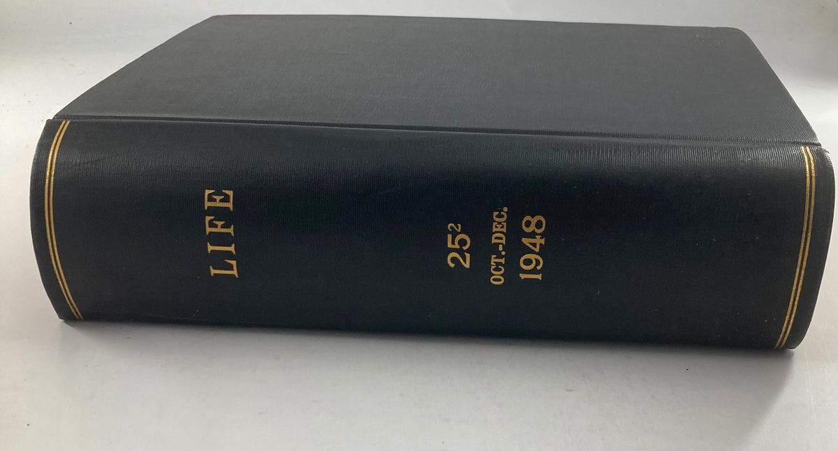 Spine view of the VTG 1948 Bound Life Magazine, featuring embossed gold lettering with the months October to December 1948, ideal for vintage magazine enthusiasts.