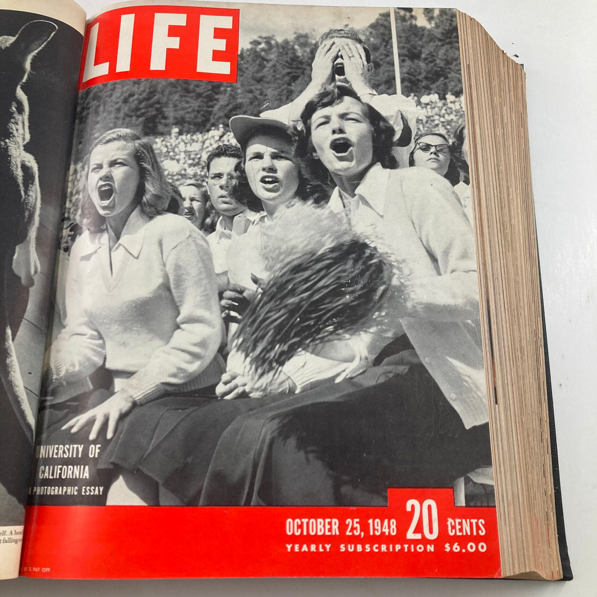 VTG 1948 Bound Life Magazine cover depicting enthusiastic fans at a University of California event, dated October 25, 1948.