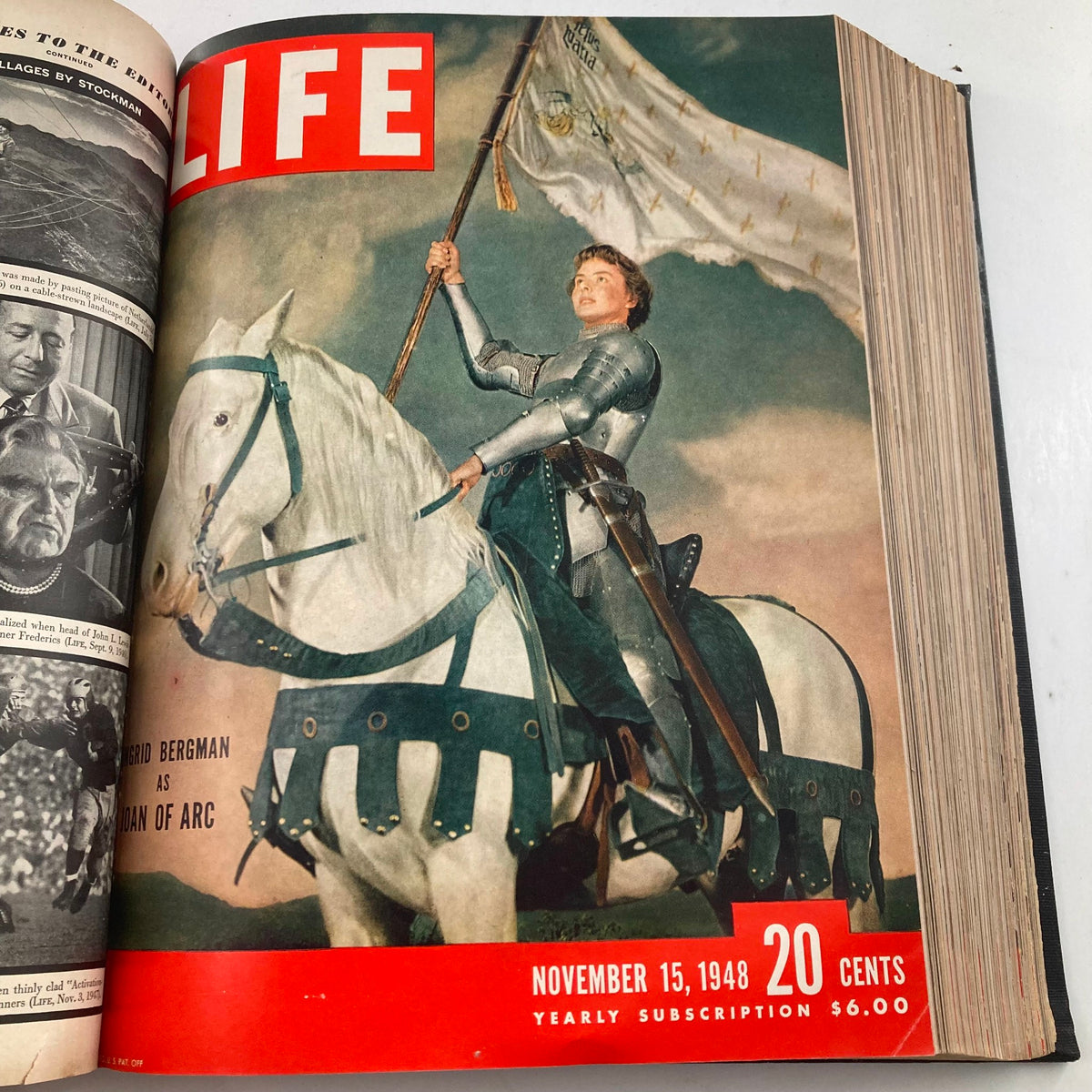 Cover of VTG 1948 Bound Life Magazine featuring Ingrid Bergman as Joan of Arc from November 15, 1948, highlighting significant cinematic and historical themes.