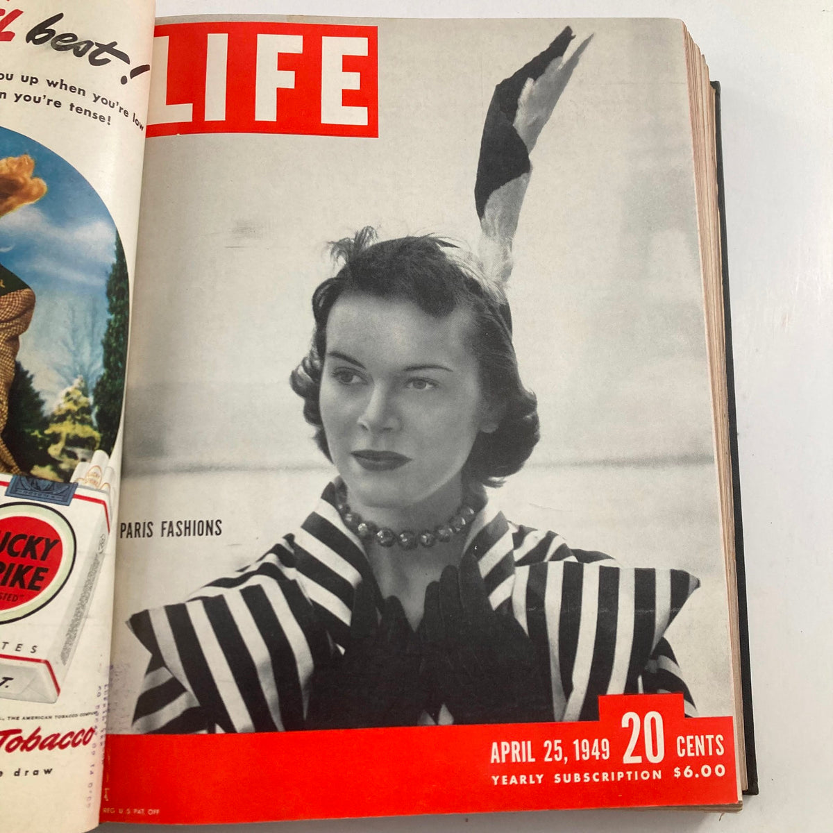Cover of VTG 1949 Bound Life Magazine showcasing an elegant woman in Paris fashions, dated April 25, 1949.