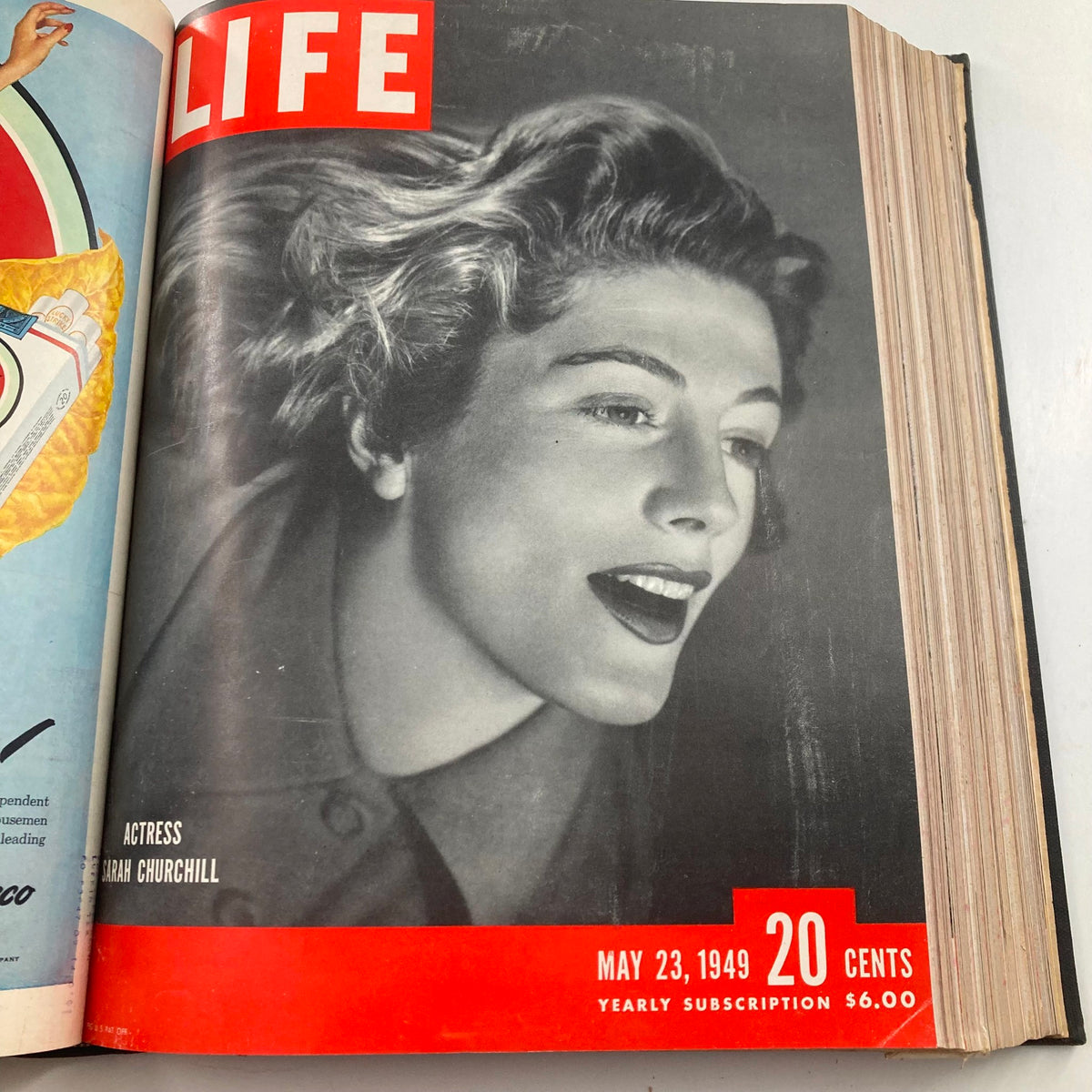 Cover of VTG 1949 Bound Life Magazine featuring actress Sarah Churchill, published on May 23, 1949. Highlights the magazine's historical significance.