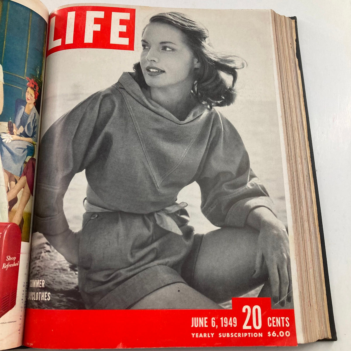 Cover of VTG 1949 Bound Life Magazine showcasing a model in summer clothing, published on June 6, 1949. Reflects fashion trends of the late 1940s.