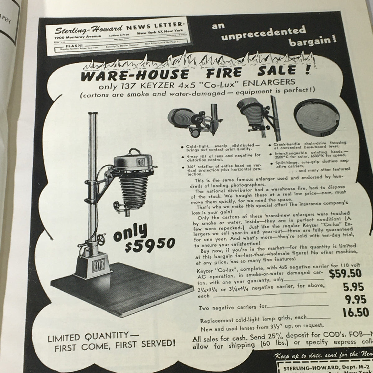 Advertisement page from the October 1949 Modern Photography magazine, promoting Keyzer 'Co-Lux' enlargers, showcasing vintage photographic equipment.