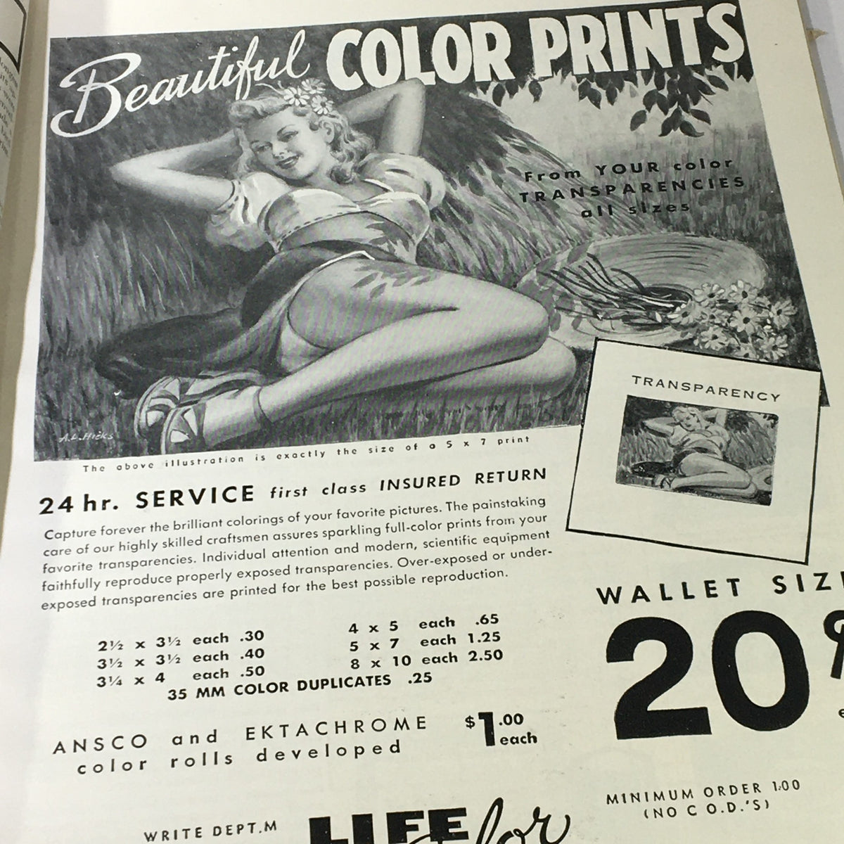 Vintage advertisement for color prints from the VTG Modern Photography October 1949 magazine, showcasing a beautiful illustration of a woman lying in the grass.