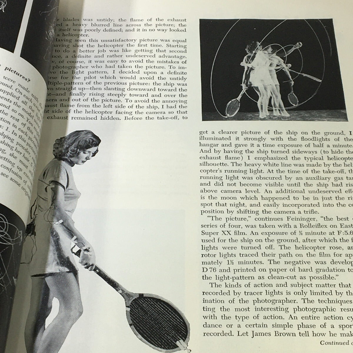 Image of a woman preparing to serve in a tennis match, demonstrating photographic techniques discussed in the VTG Modern Photography October 1949 magazine.