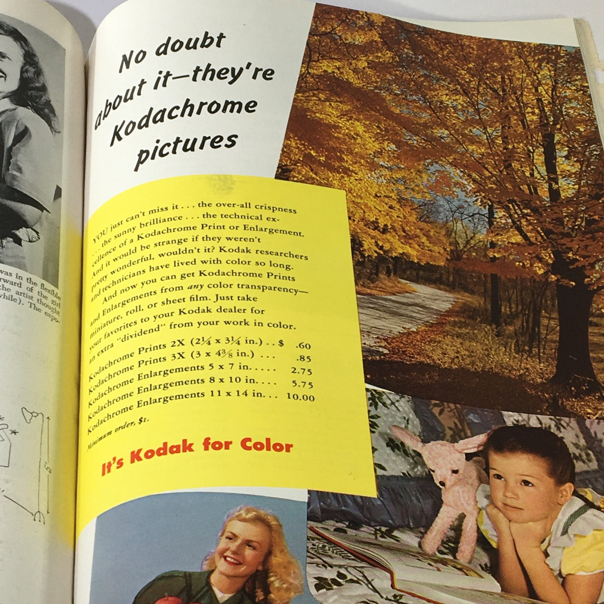 Colorful advertisement promoting Kodakchrome prints and services featured in the VTG Modern Photography October 1949 magazine.